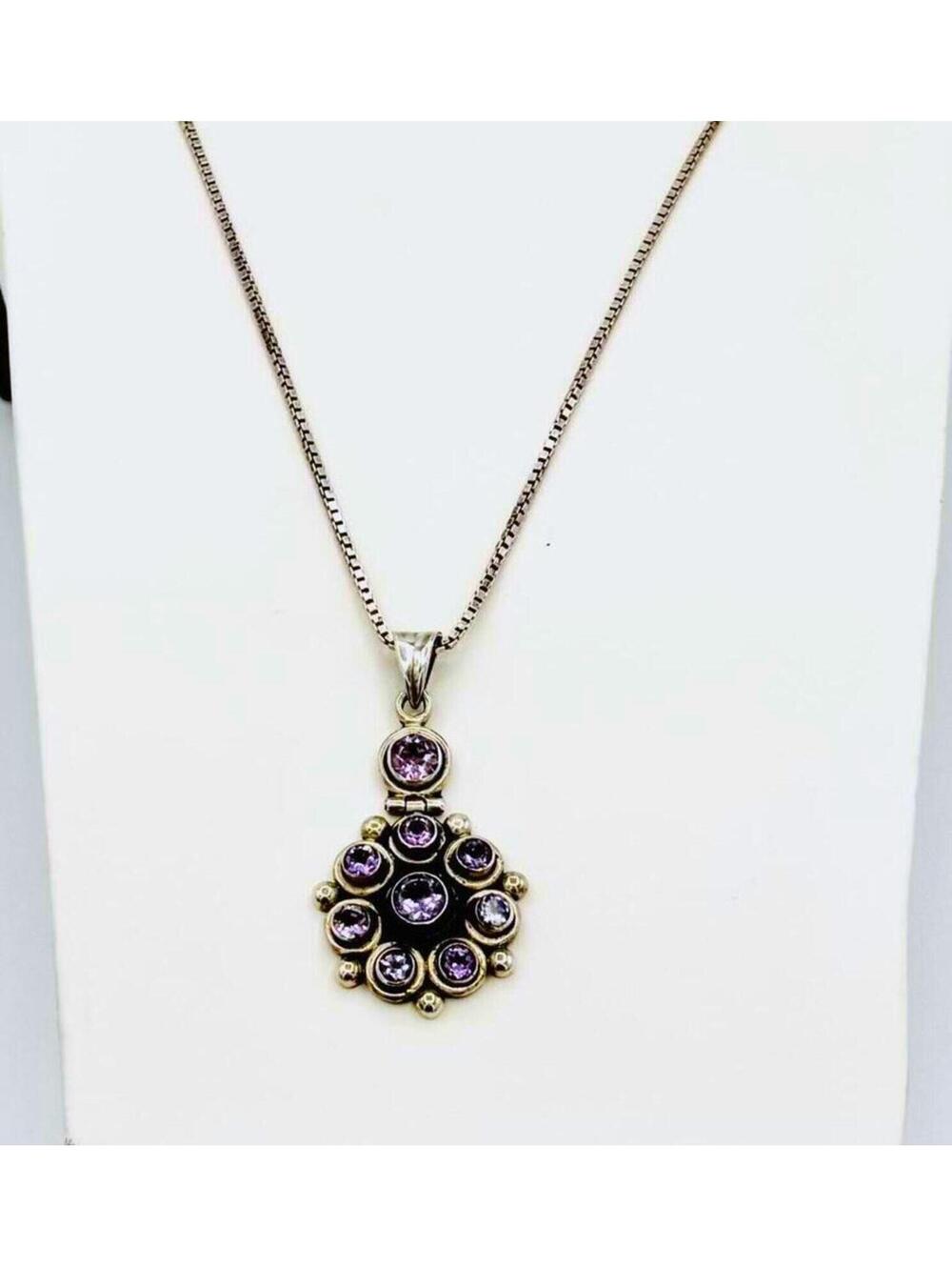 Sterling silver box chain w/ multiple circle amethyst cabochons pendant necklace